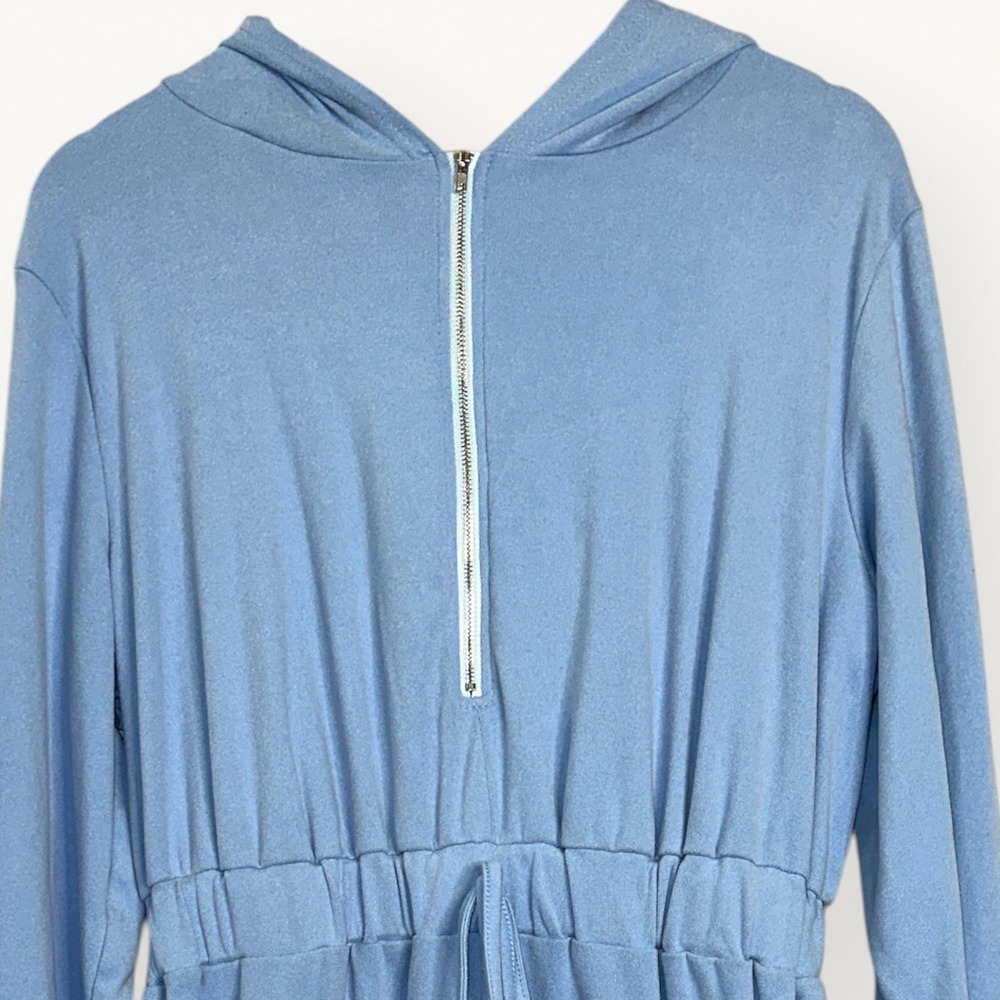Anna-Kaci Light Blue Micro Velour Half Zip Hoodie Dress XL Drawstring Lounge - Picture 11 of 13